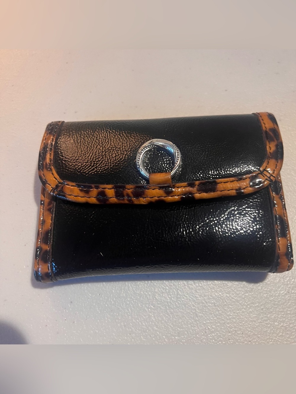 Brighton Black Patten Leather Wallet with Leopard-Print Trim